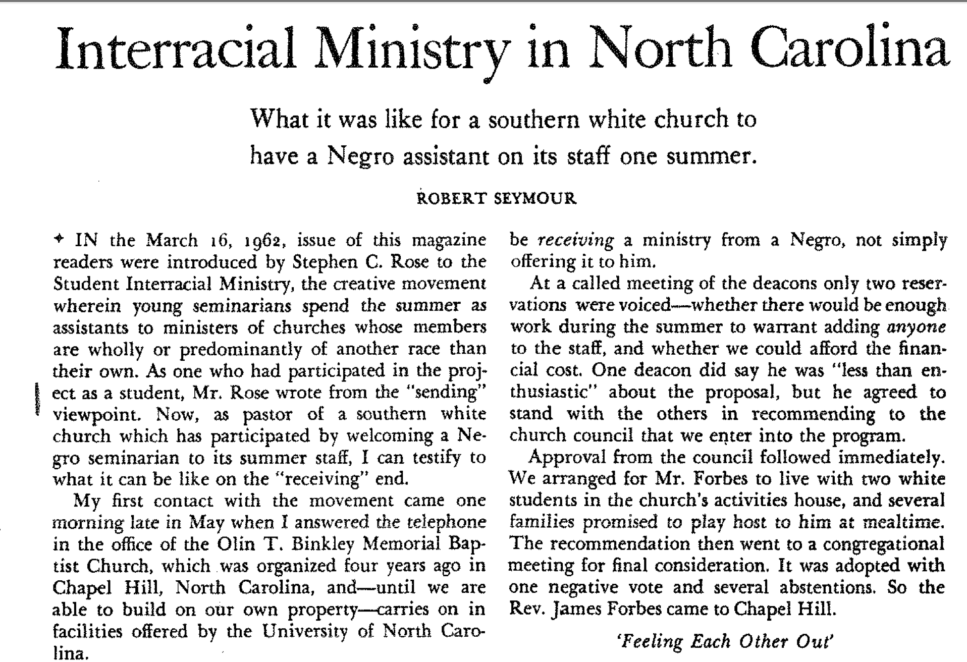 Interracial Ministry in North Carolina